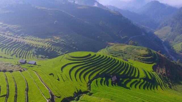 Aerial view of golden rice terraces at Mu Cang Chai town near Sapa city, North of Vietnam. Beautiful terraced rice field in harvest season in Lao Cai province.