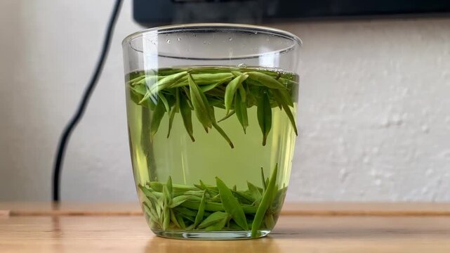 The refreshing atmosphere of brewing green tea leaves in a glass