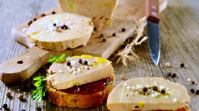 Gourmet foie gras slices on toasted bread with fig jam peppercorns and salt on wooden board