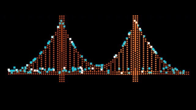 Premium 4k lightweight macro pixel suspension bridge with glowing data packet traffic.