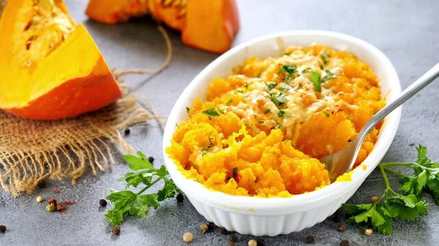 Baked pumpkin casserole gratin with cheese in white dish with fresh squash and parsley