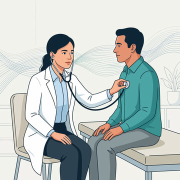 Doctor examining patient with stethoscope in clinic, vector illustration