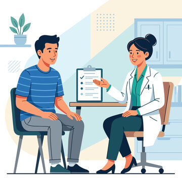 Doctor Consulting Patient in Medical Office - Vector Illustration