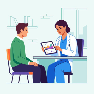Doctor Consults Patient Showing Health Data on Tablet