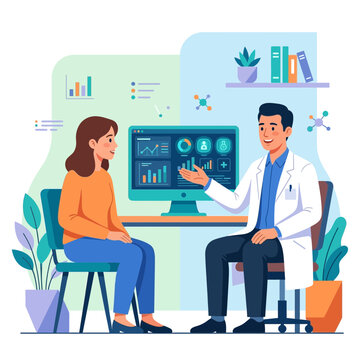 Doctor consults patient showing medical data on computer screen in modern clinic setting, health care illustration