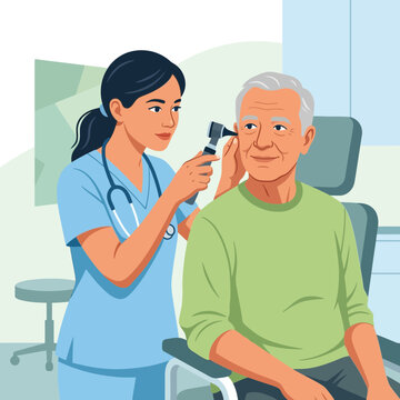 Doctor examines elderly man's ear with otoscope in medical clinic, healthcare concept illustration