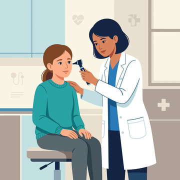 Doctor examines a young girl's ear with an otoscope in a modern medical examination room, vector illustration.