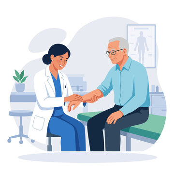 Doctor examines elderly patient's arm in clinic, vector illustration, healthcare concept