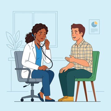Doctor examines patient with stethoscope in a modern clinic setting. Vector illustration of healthcare consultation and medical check-up.