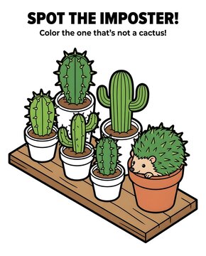 Isometric Visual Discrimination Worksheet for Kids Spot the Imposter Hedgehog Among Cactus Coloring Page 3D Shape Matching and Visual Perception Activity Printable Visual Comparison Puzzle 