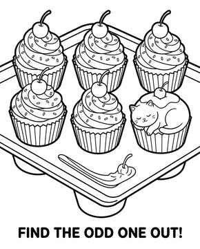 Isometric Visual Discrimination Worksheet for Kids Cute Cat Cupcake Puzzle Illustration for Kids 3D Shape Matching and Visual Perception Activity Printable Visual Comparison Puzzle