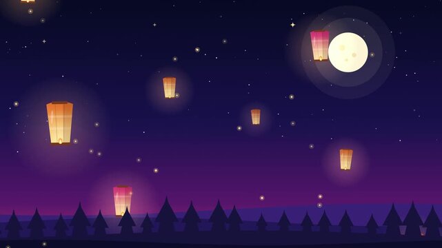 Seamless looping flat vector New Year wishing lanterns floating up into a starry night sky with moon, pine hills, glowing fireflies and sparkles, copy space