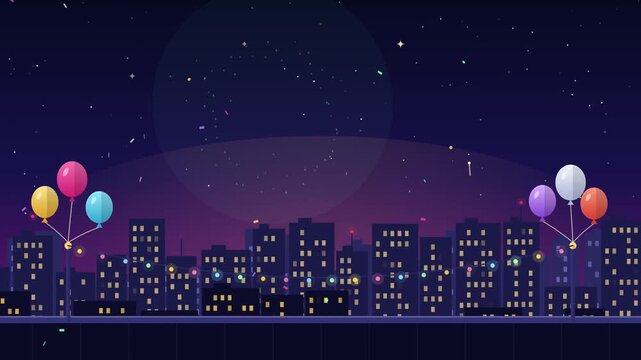 Seamless looping flat vector New Year rooftop celebration with fireworks over a glowing city skyline, string lights, balloons and confetti on a purple night sky, copy space