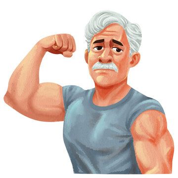 a senior man flexing his left bicep