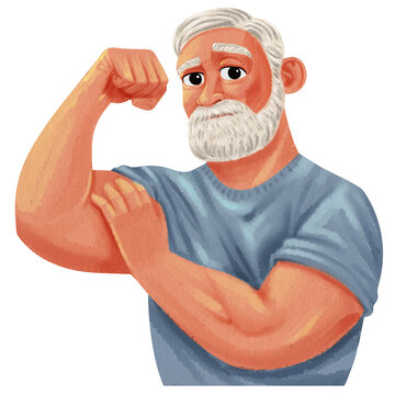 a senior man flexing his left bicep