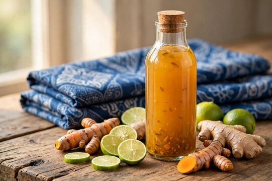 Traditional Indonesian jamu herbal drink in glass bottle with turmeric, ginger and lime on wooden table