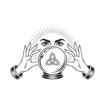Fortune Teller With Crystal Ball And Hands Black And White Silhouette