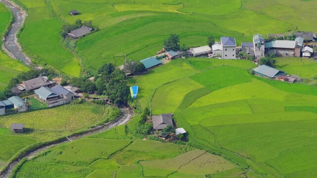 Aerial view of golden rice terraces at Khau Pha pass, near Mu Cang Chai town and Sapa city, Vietnam.