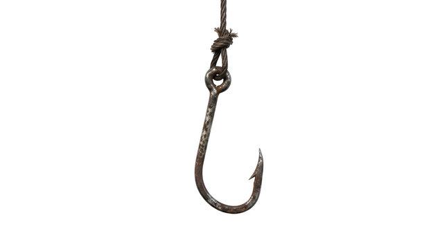 Old rusty metal fish hook hanging on a frayed rope, isolated on transparent background