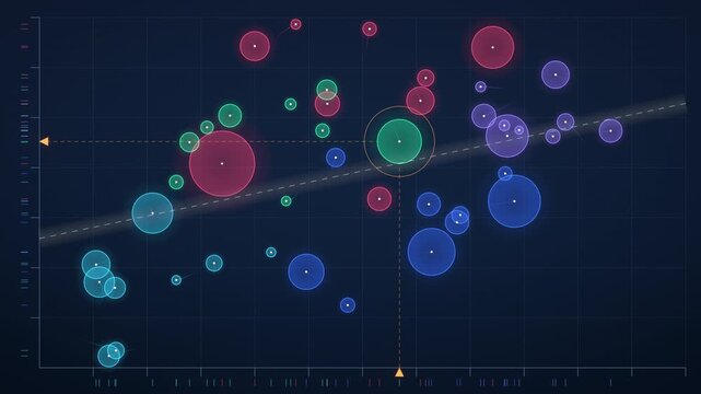Seamless 4K Loop of a Bubble Scatter Plot with Five Groups Drifting, Resizing and Leaving Trails