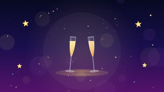 Seamless looping flat vector New Year champagne toast with two golden glasses clinking, rising bubbles, confetti and sparkling stars on a deep purple night background, copy space
