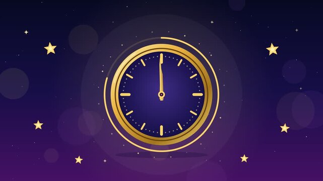 Animated flat vector New Year countdown golden clock approaching midnight with confetti burst, sparkling stars and glowing arc on a deep purple night background, copy space