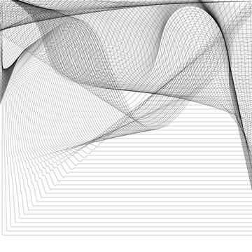Abstract geometric line art pattern with wavy circular wireframe structures on a white background