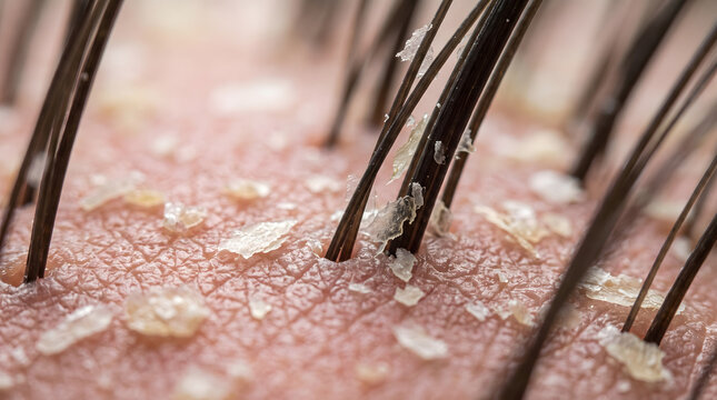 Extreme macro shot showcasing a human scalp affected by dandruff, with visible flakes clinging to hair strands and skin surface. This detailed image highlights a common dermatological condition, id...