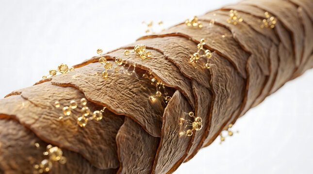 Close-up 3D render of a hair strand showing active ingredients interacting with damaged cuticles. Golden molecules penetrate to strengthen and nourish, promoting healthy, vibrant, and resilient hai...