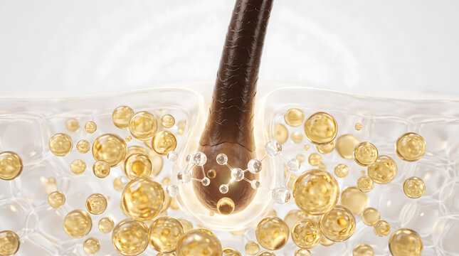 Conceptual 3D illustration of a healthy hair follicle surrounded by active molecules and nourishing essence. This scientific representation highlights advanced hair care treatments, promoting growt...