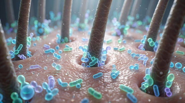 Detailed 3D scientific illustration of human scalp. Hair follicles emerge from skin, surrounded by a diverse microbiome of bacteria and microorganisms, highlighting their crucial role in skin healt...