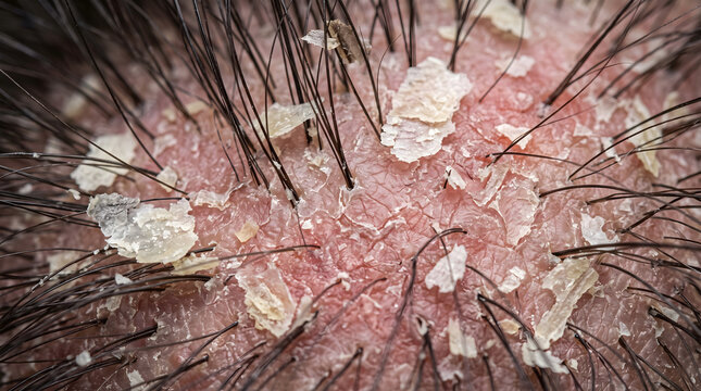 Macro shot of a human scalp affected by a severe dermatological condition such as psoriasis or dandruff. The image captures the dry, flaky, and red skin, highlighting the discomfort and medical asp...