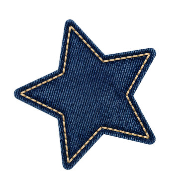 Blue denim star patch with visible stitching for decoration.