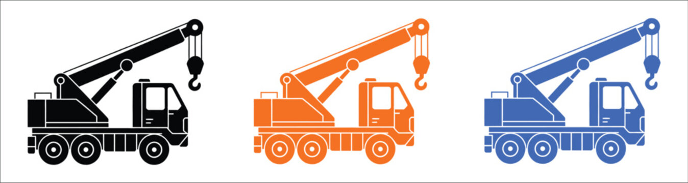 Construction crane truck icon collection, tow truck with lifting hook in outline and solid glyph styles, heavy machinery, engineering equipment, and vehicle recovery vector illustration