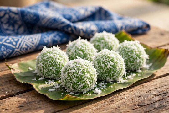 Traditional Indonesian klepon dessert with grated coconut on banana leaf with batik fabric background