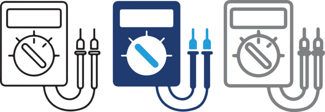 Digital multimeter vector icon set showing electrical voltage tester probe tool for power testing gauge meter design isolated on transparent background