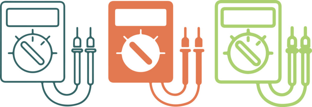 Digital multimeter vector icon set showing electrical voltage tester probe tool for power testing gauge meter design isolated on transparent background