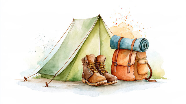 A watercolor illustration featuring a green camping tent, brown hiking boots, and a large orange backpack with a rolled-up sleeping mat.