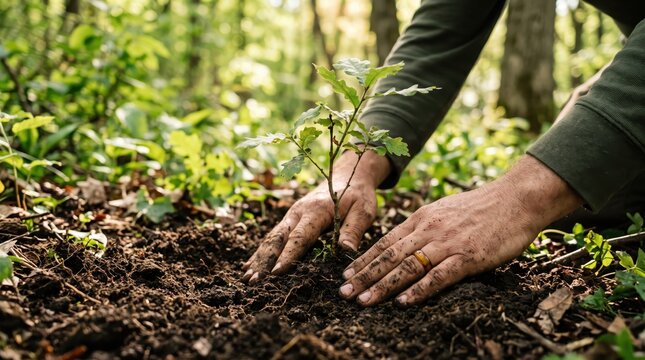 Close-up of male hands planting a young oak tree sapling in rich soil, environmental conservation, reforestation efforts, ecological restoration project, sustainable living and