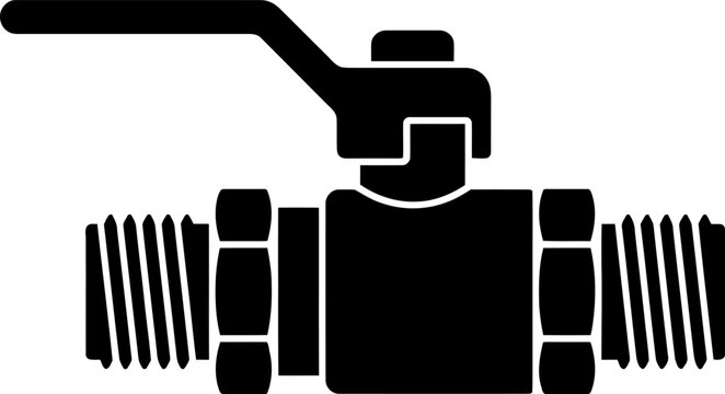 Industrial plumbing ball valve vector icon featuring a lever handle and threaded pipe fitting connection in solid black silhouette style.