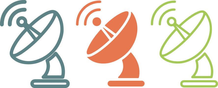 Satellite dish vector icon set showing parabolic antenna radar space signal receiver technology communication design isolated on transparent background