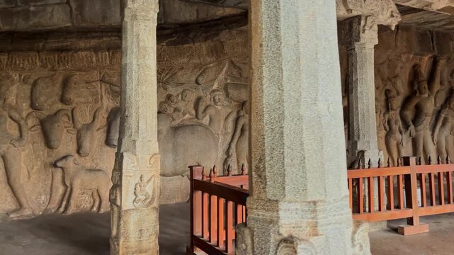 Exclusive Monolithic Rock Carved- Krishna Mandapam is UNESCO's World Heritage Site located at Mamallapuram or Mahabalipuram in Tamil Nadu, South India. Very ancient place in the world.