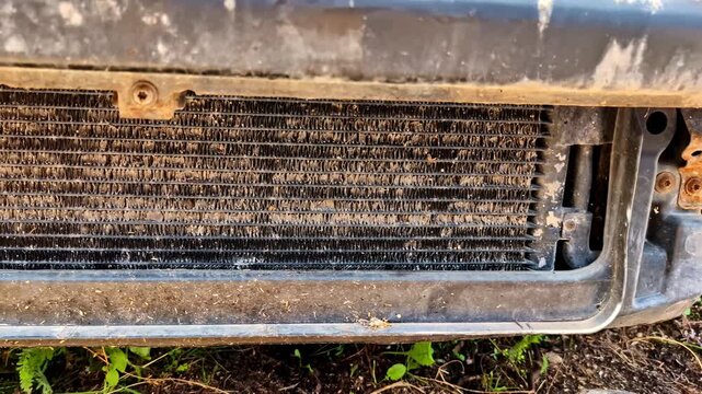 Detailed view of a clogged and dirty automotive radiator needing cleaning and repair in a workshop