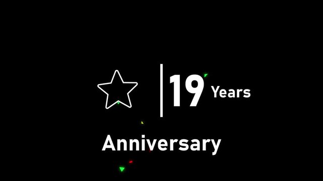 19 years anniversary celebration motion with colorful confetti overlay on black background, 19th nineteen