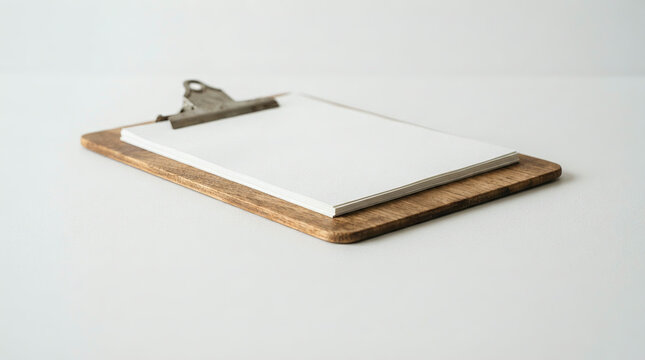 Wooden clipboard with thick blank paper stack on seamless white studio floor