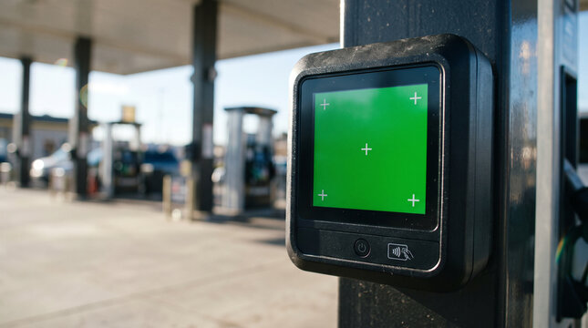 Closeup of a digital payment terminal with a green screen for tracking at a gas station pump outdoors