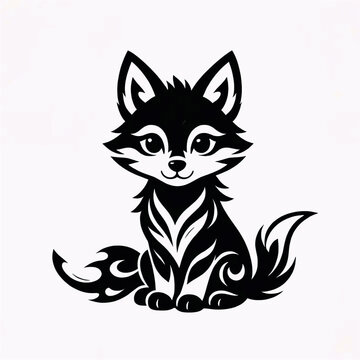 Adorable sitting baby wolf cub illustrated in bold black silhouette with decorative tribal patterns and friendly big eyes.