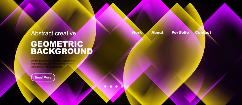 Abstract geometric design. Vibrant yellow, magenta hues blend. Website header with navigation options present. Modern aesthetic.