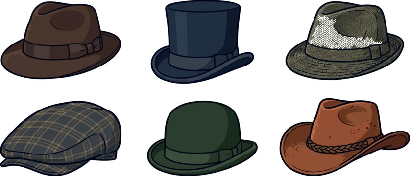 Set of vintage men hats including fedora top hat flat cap bowler and cowboy hat