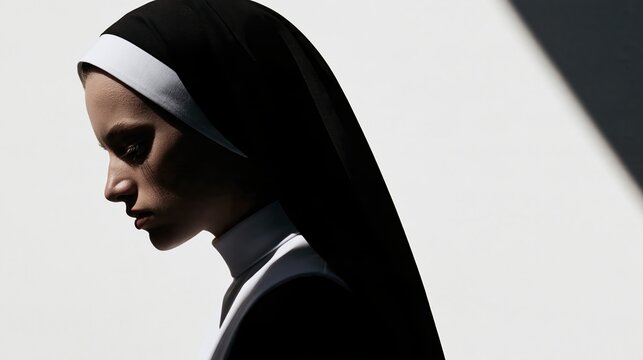Side view of a young nun with a serious expression in dramatic lighting